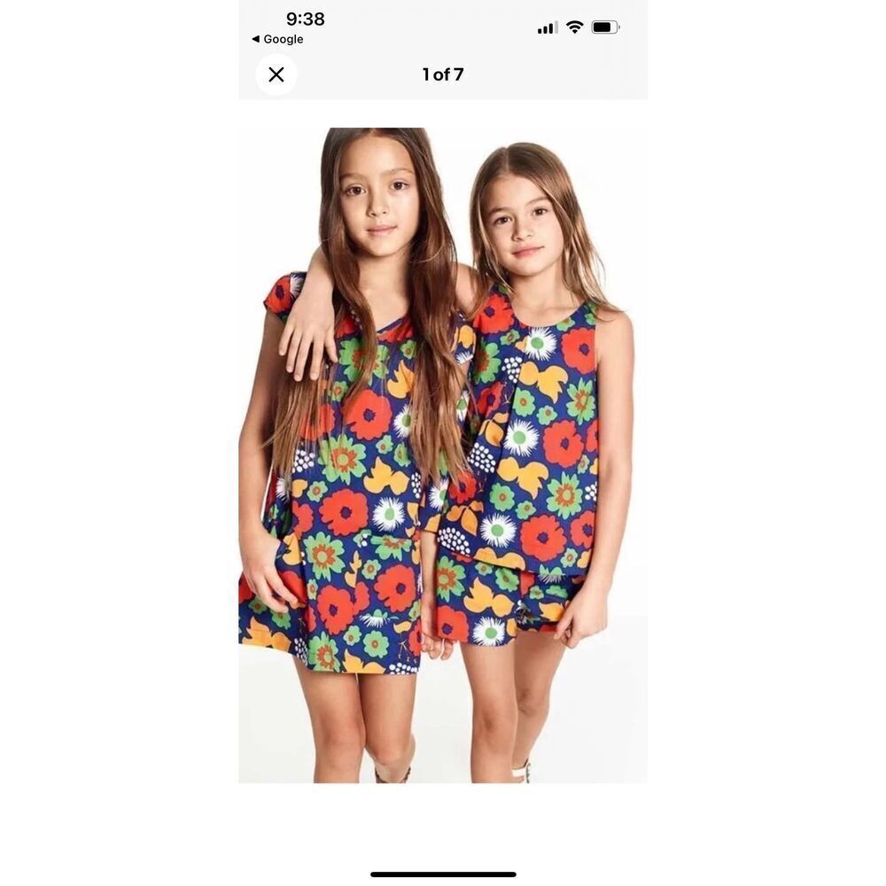 Marimekko Girl’s Medium Navy Floral Cotton V Neck Dress Bold Flowers Orange Yell